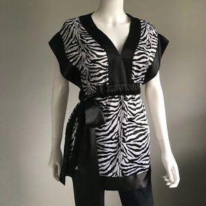 Animal Print Tunic with Fabric Belt - Black&White